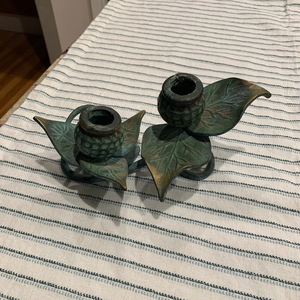 Vintage Cast Iron Green Vine Double Candlestick Holder